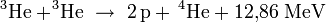 {}^3\!\,\mathrm{He} + \! ^3\mathrm{He} \ \rightarrow \ 2 \,\mathrm{p} + \, {}^4\!\,\mathrm{He} + 12{,}86 \; \mathrm{MeV}